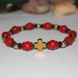 Cross Bracelet,Rosary Bracelet,Red Howlite Bracelet,Cross Rosary Bracelet,Red